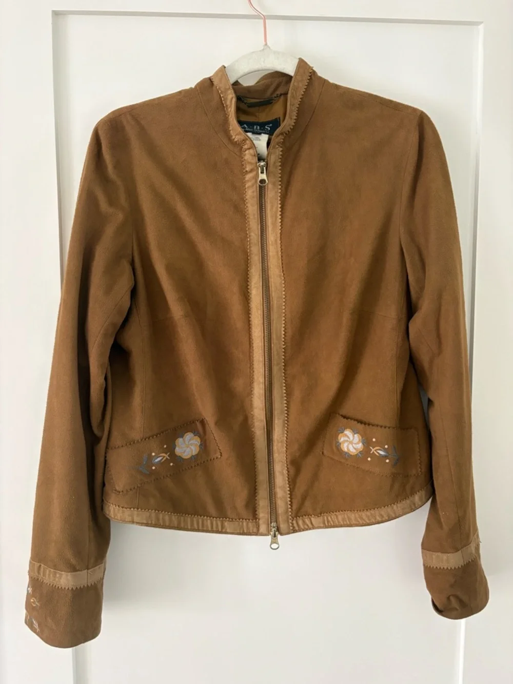 A·B·S by Allen Schwartz Embroidered faux Suede zip up boho chic Jacket brown (M) - Picture 2 of 6